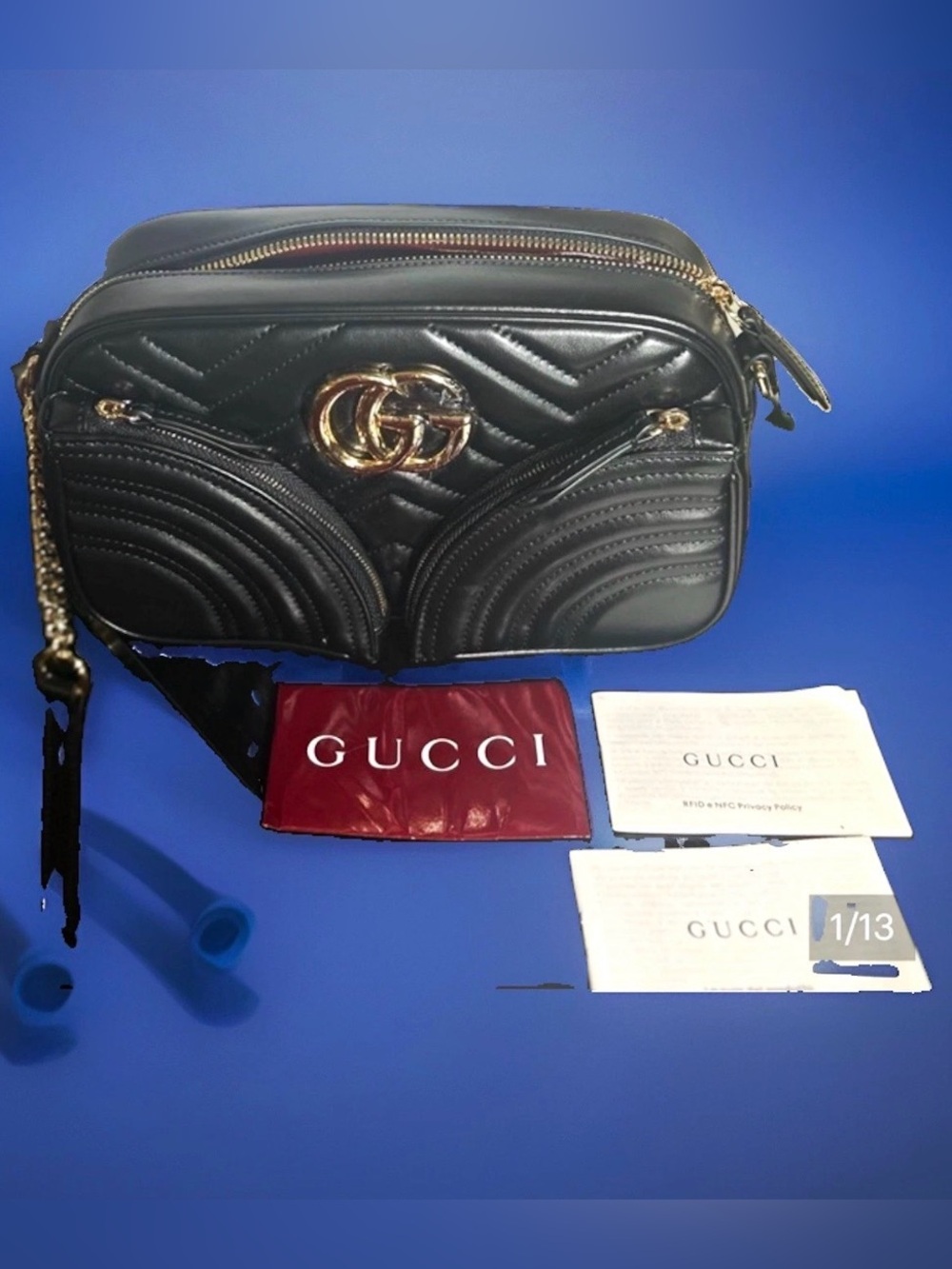 Gucci Black Matelassé Leather GG Marmont Authentic Shoulder Bag 2 front pocket